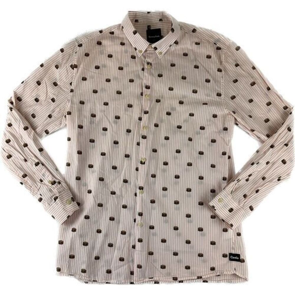 Barney‎ Cools Men's Long Sleeve Button Down Hamburger AOP Print T-shirt SZ Large